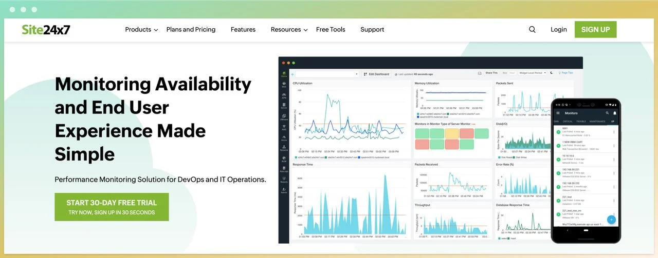 site24x7 homepage with monitoring availability and end user experience made simple headline on the left and several graphs next to a cell phone screen on the right