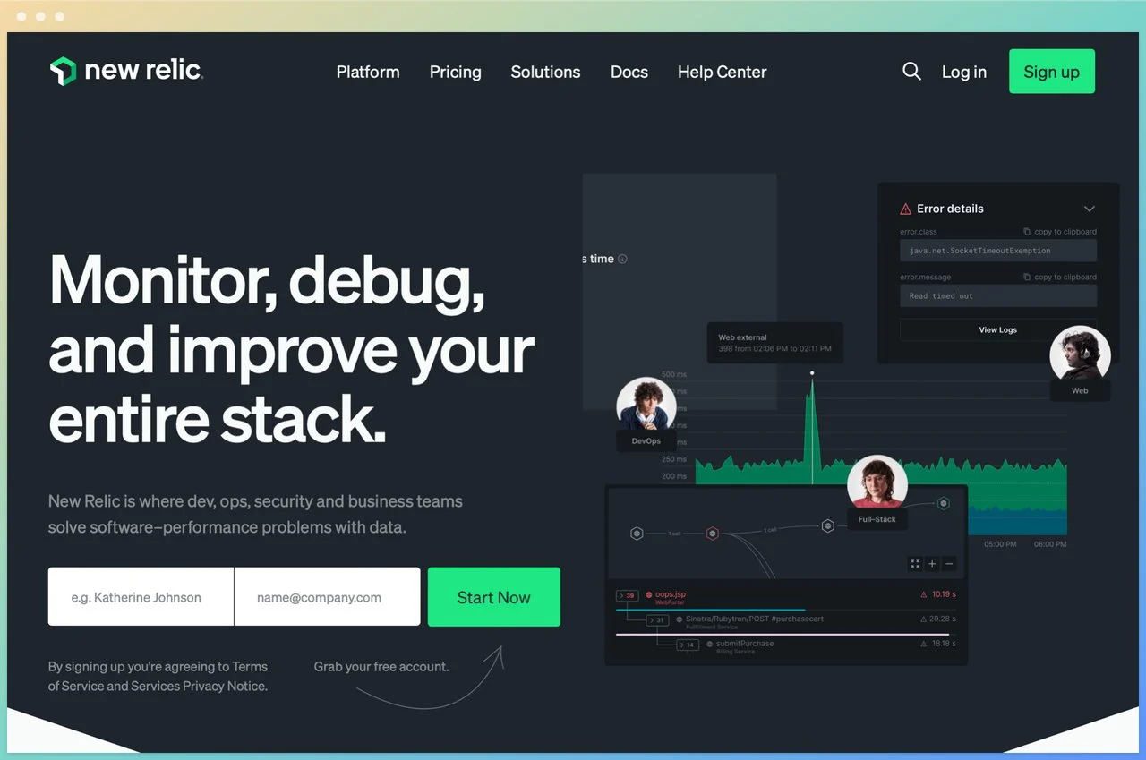 new relic homepage screenshot with the headline monitor, debug, and improve your entire stack headline on the left with a dark background and a graph with circular photos of three people