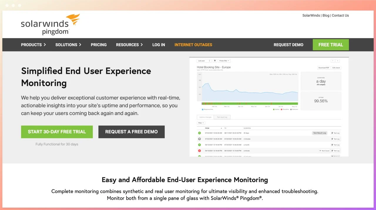 pingdom homepage with the simplified en user experience monitoring headline on the left and an example of a hotel booking website performance graph on the right