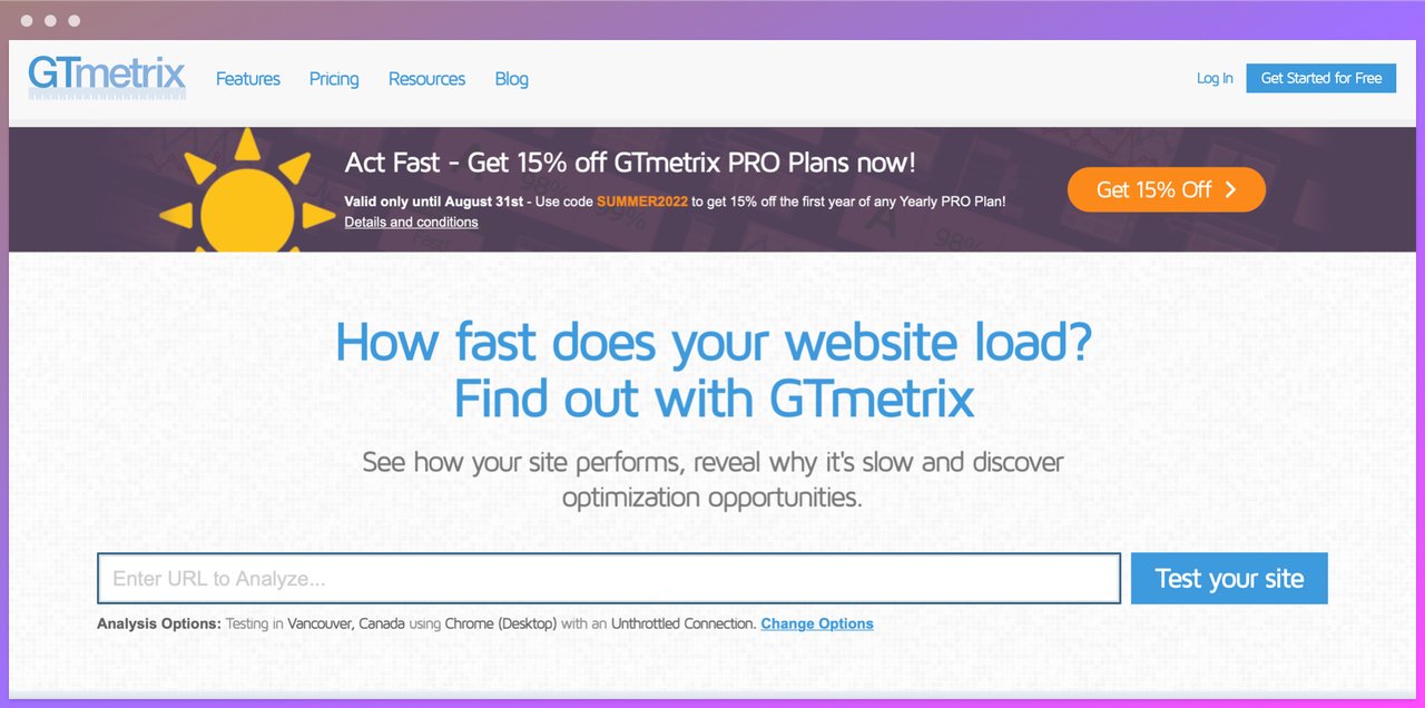 gtmetrix homepage with how fast does your website load? find out with GTmetrix headline in the center and enter your URL box below