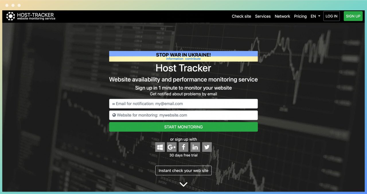 host-tracker homepage with a dark background showing a graph and email and website boxes and a green start monitoring button below