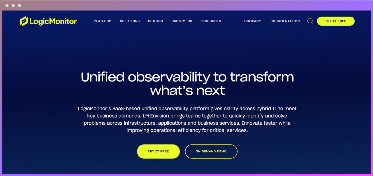 logicmonitor homepage with the headline "unified observability to transform what's next on a darkblue background and try it free and on demand demo buttons below