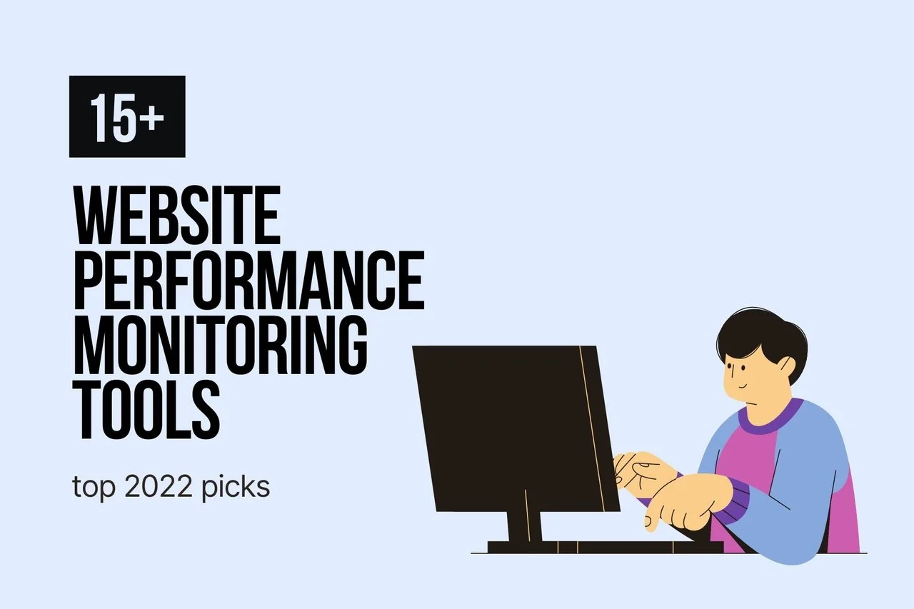 website performance-monitoring tools blog cover image with the title on the left black and bold and a man illustration working on the computer on the right
