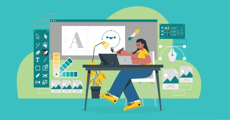 Illustration eines Grafikdesigners, umgeben von Designwerkzeugen