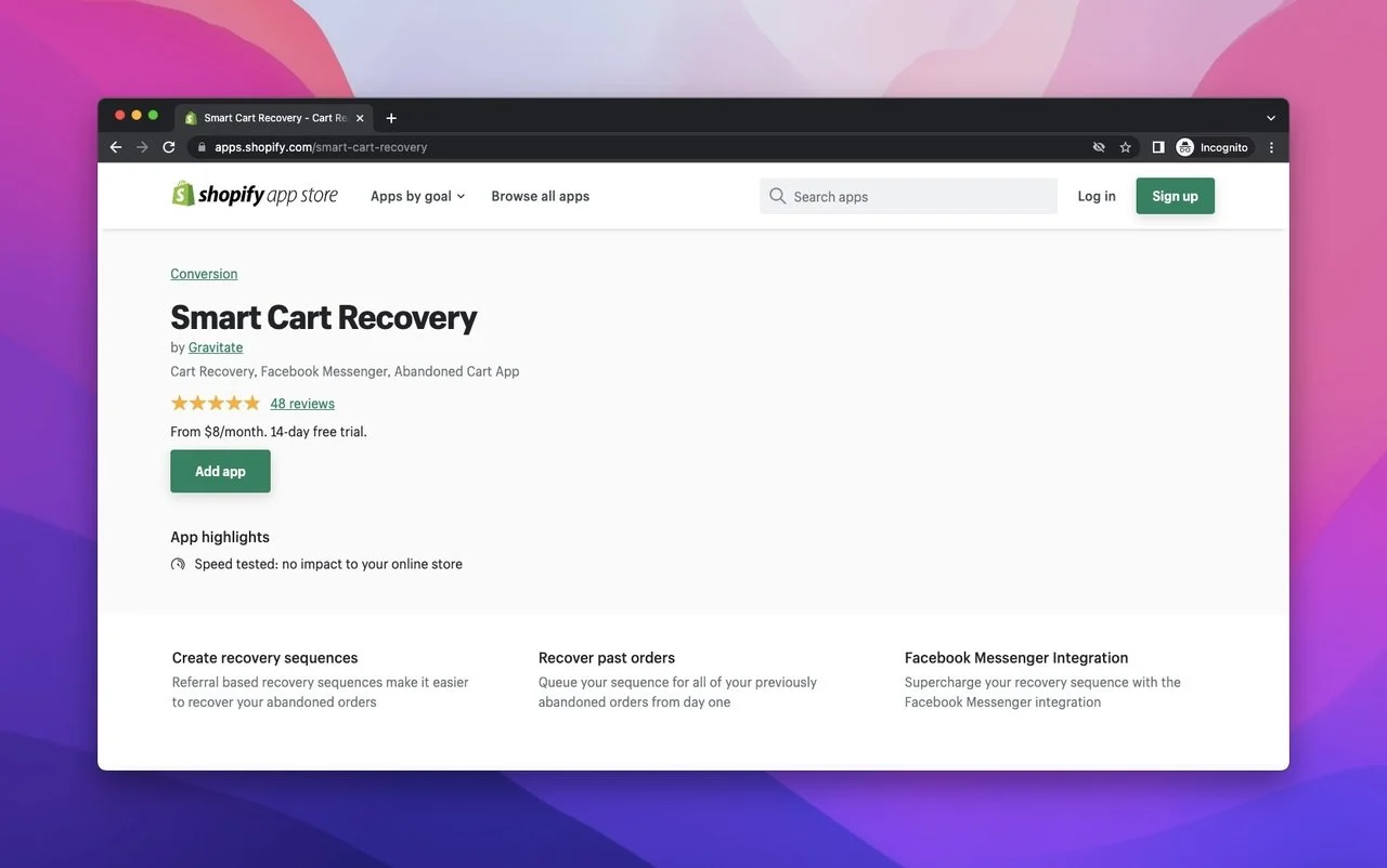 Smart Cart Recovery App on Shopify App Store with white background