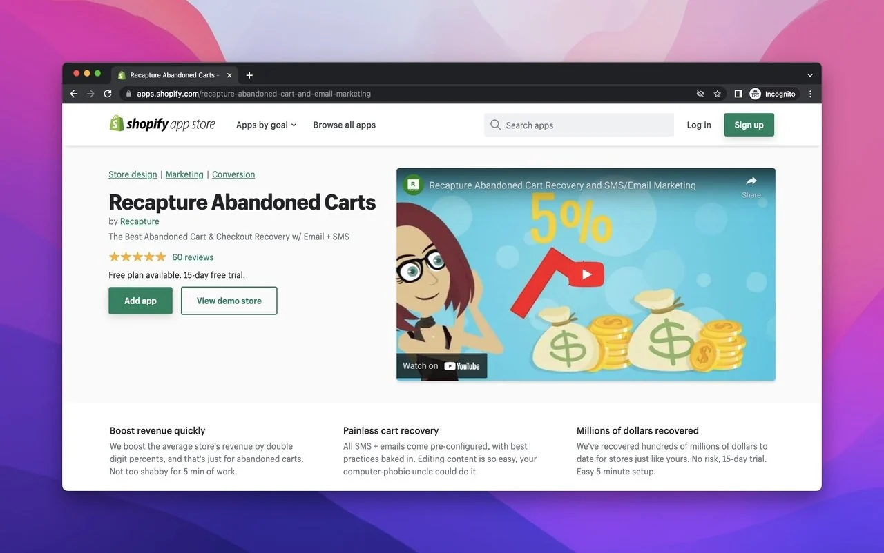 Recapture Abandoned Cart app on Shopify App Store with a guiding video