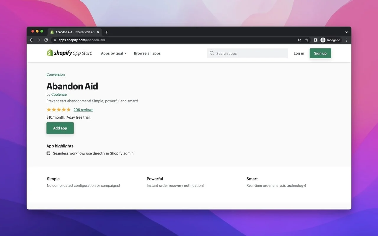 Abandon Aid by Coolence app on Shopify App Store with some information