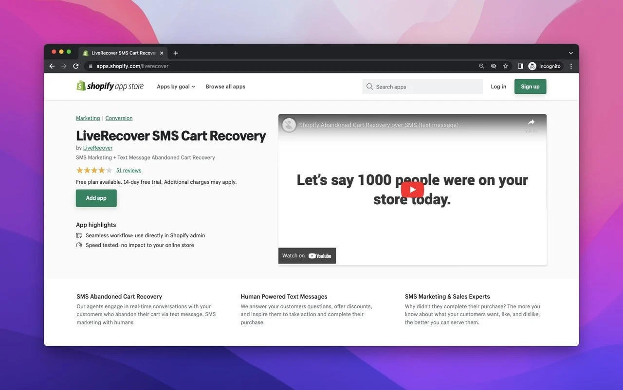 LiveRecover SMS Cart Recovery app on Shopify App Store with a video telling the revenue process