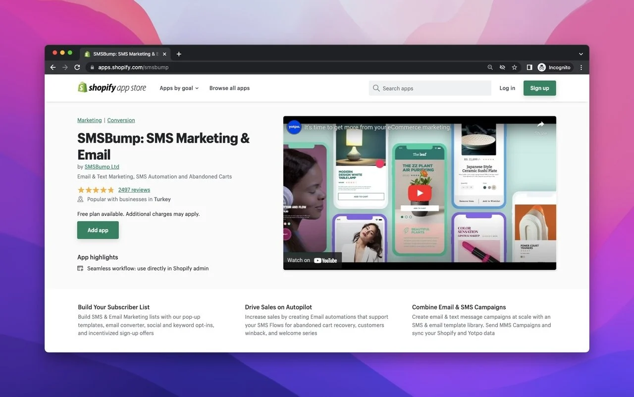 SMSBump app on Shopify App Store and white background and an informative video