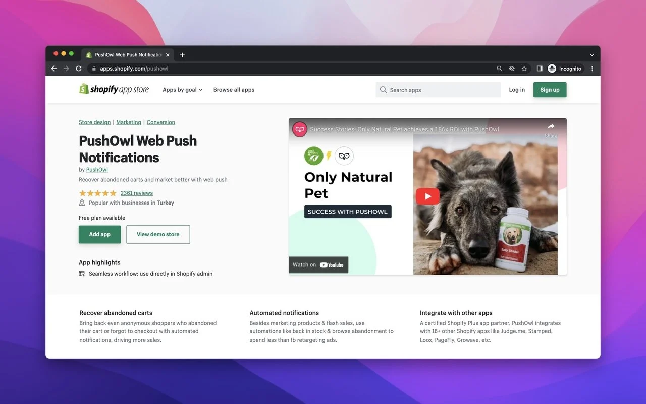 PushOwl Web Push Notifications app on Shopify App Store and an informative video