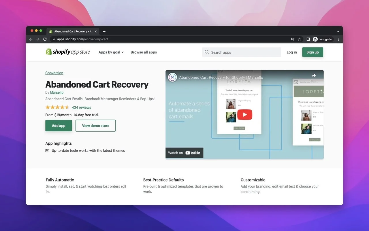 Abandoned Cart Recovery Marsello App on Shopify App Store and a video to play