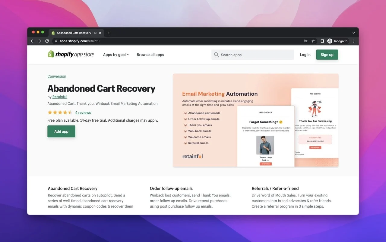 Retainful Abandoned Cart Recovery app on Shopify App Store with an orange-oriented video to play