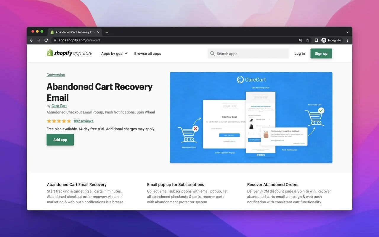 Abandoned Cart Recovery Email by Care Cart app on Shopify App Store with a guiding image