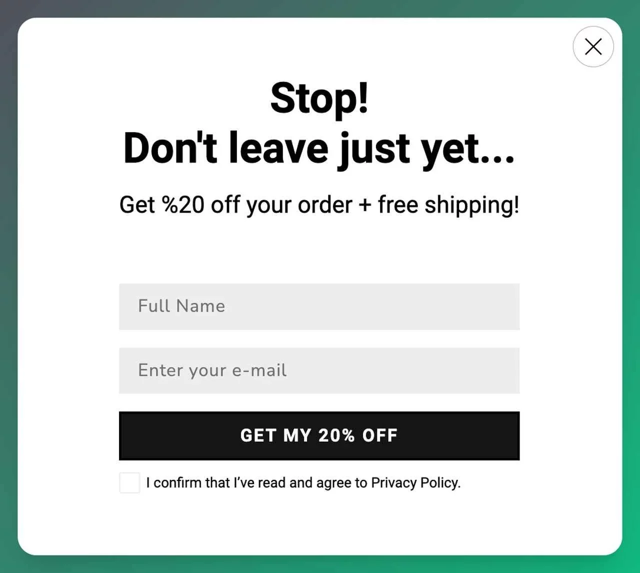 a simple cart abandonment popup example from Popupsmart that offers 20% off and free shipping in return for users' email