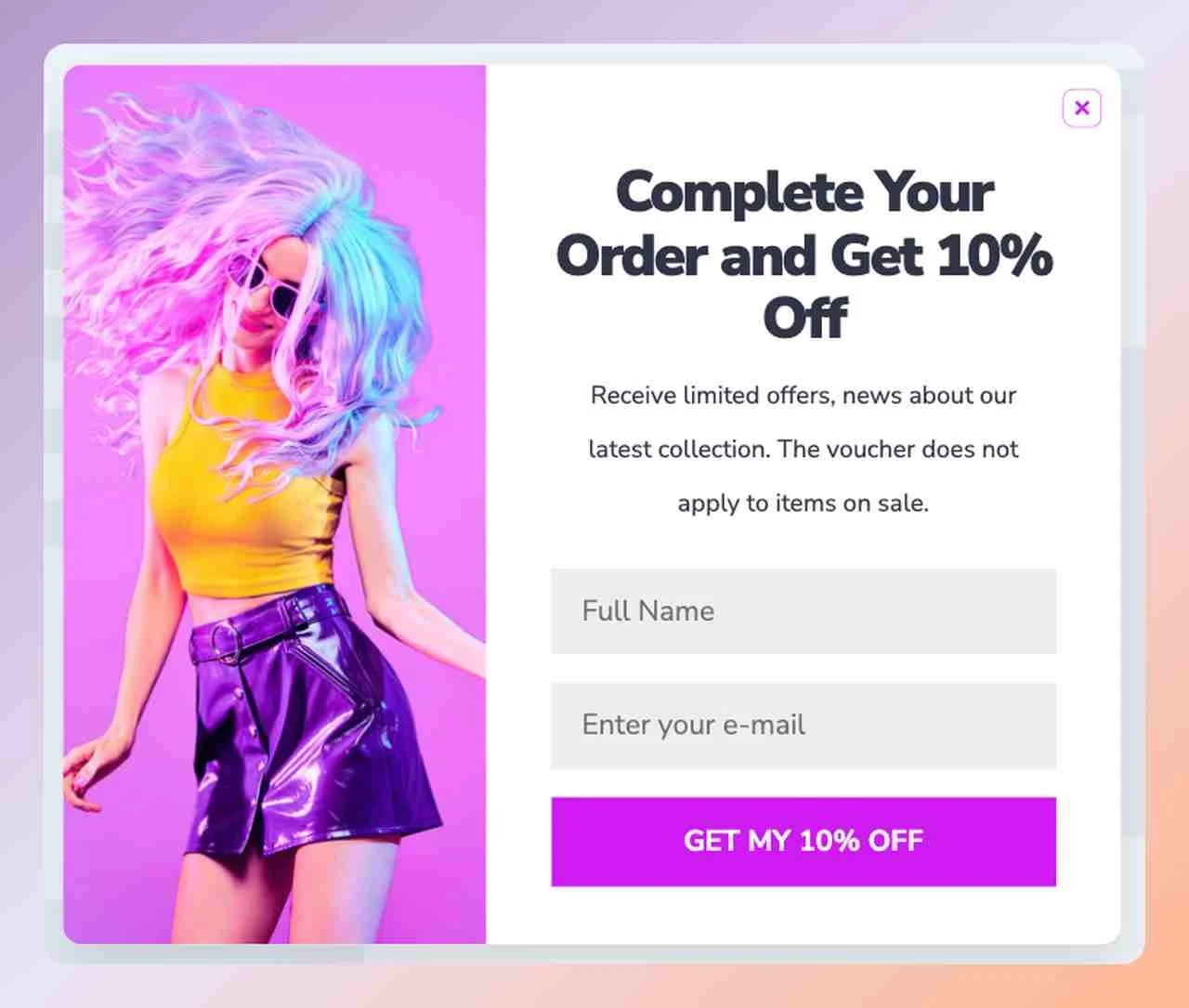 a cart abandonment popup example from Popupsmart that shows a girl with purple hair very happy jumpping and a text that says "Complete Your
Order and Get 10% Off"