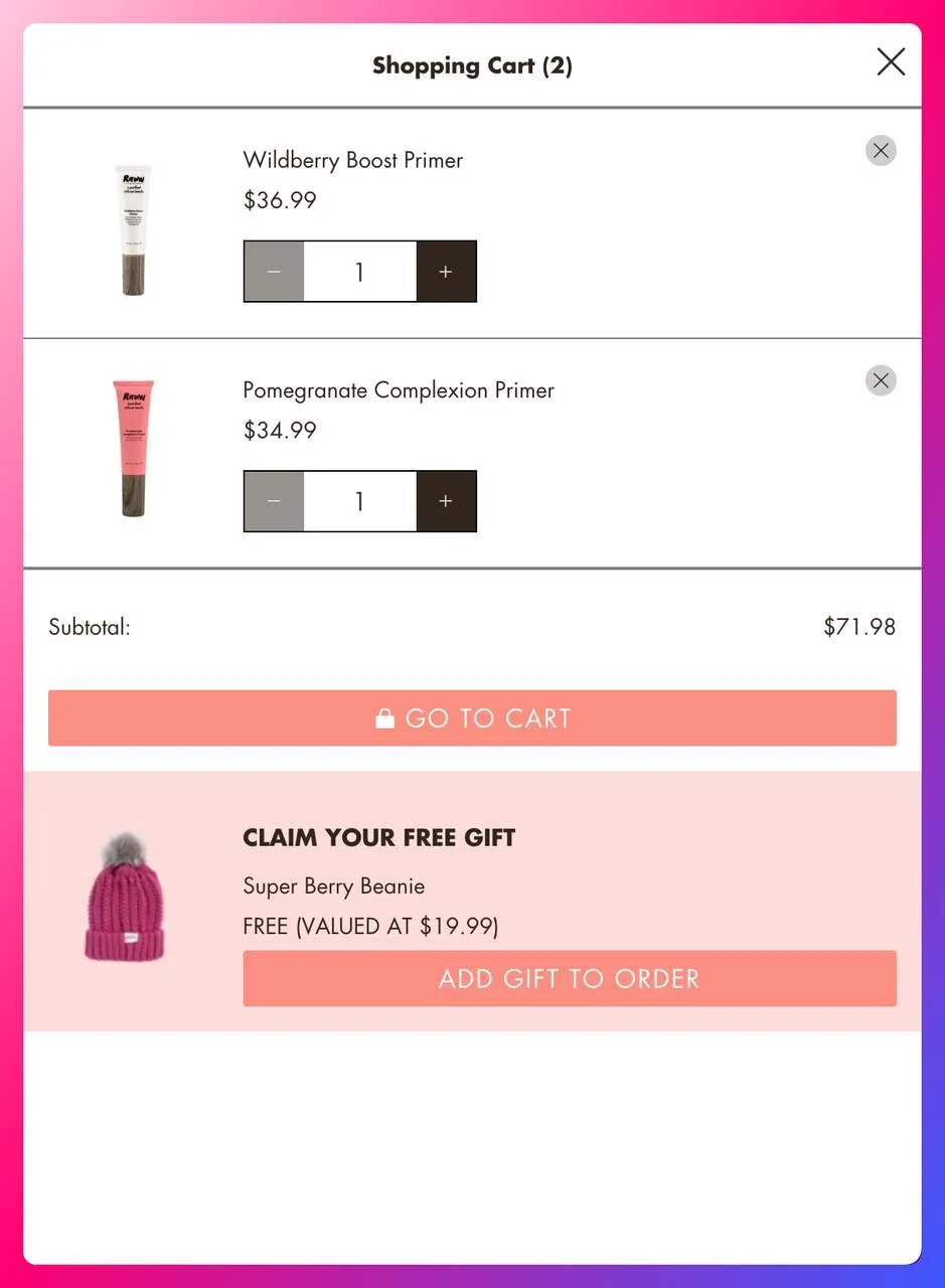 a screenshot of a cart abandonment popup example from Raww Cosmetics in the check out page offering a hat as a free gift