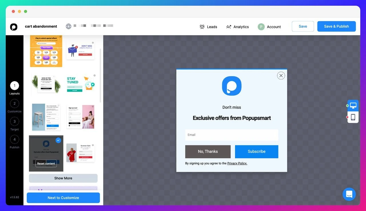 a screenshot of the Popupsmart popup builder dashboard showing how to create a cart abandonment popup in 5 step