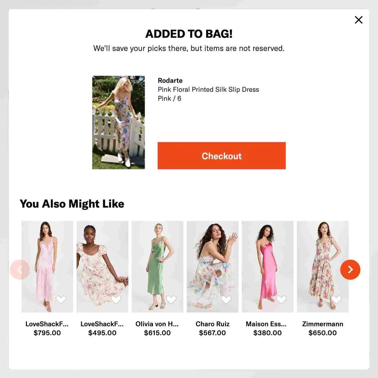 a screenshot of a cart abandonment popup example from Shopbop Upselling their similar products