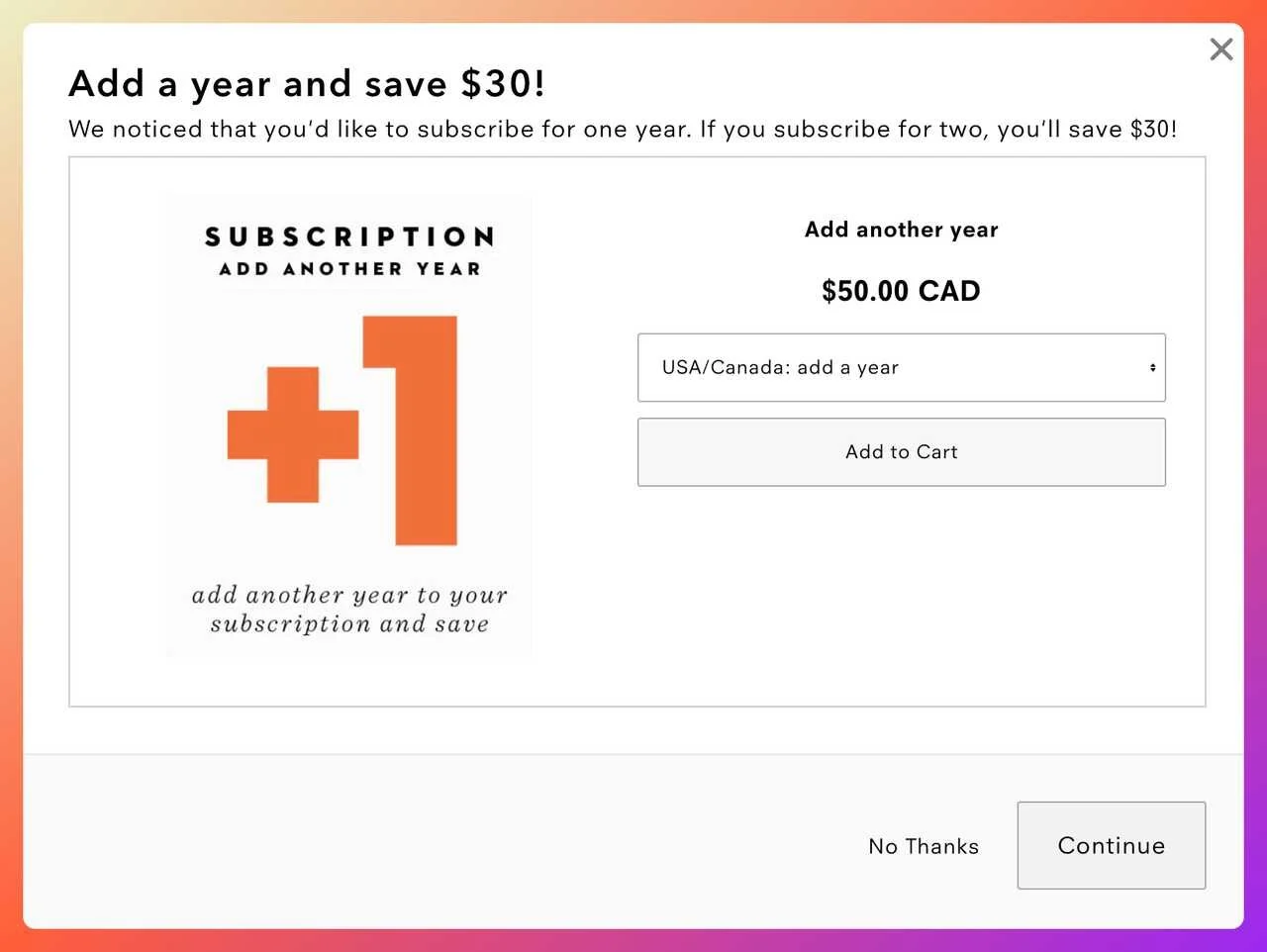 a screenshot of a cart abandonment popup example from uppercasemagazineoffering 2 years subscription with 30% off