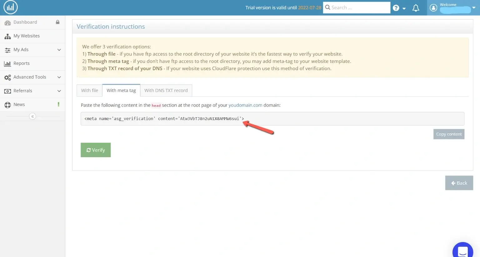 التحقق من موقع ويب على adspyglass عبر meta tag
