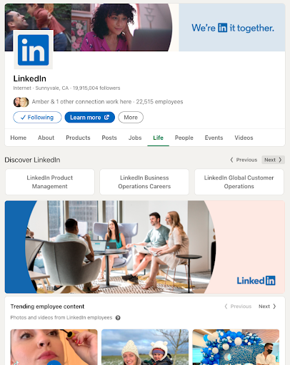 Registerkarte „LinkedIn Life“ mit segmentierten Zielgruppenerlebnissen