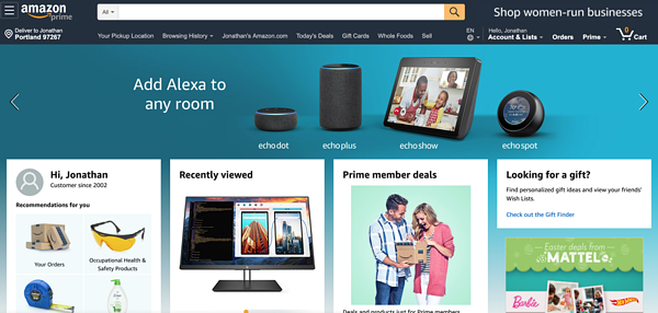 Die personalisierte Amazon-Startseite zeigt Empfehlungen basierend auf der Kaufhistorie und kürzlich angesehenen Artikeln.