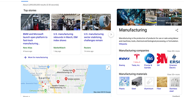 Die Google-Suche nach Fertigung zeigt Geschichten und lokalisierte Ergebnisse.