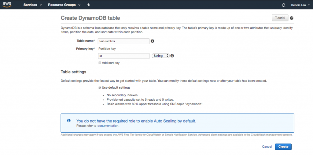 Criando uma tabela de banco de dados do Dynamo no AWS Lambda.