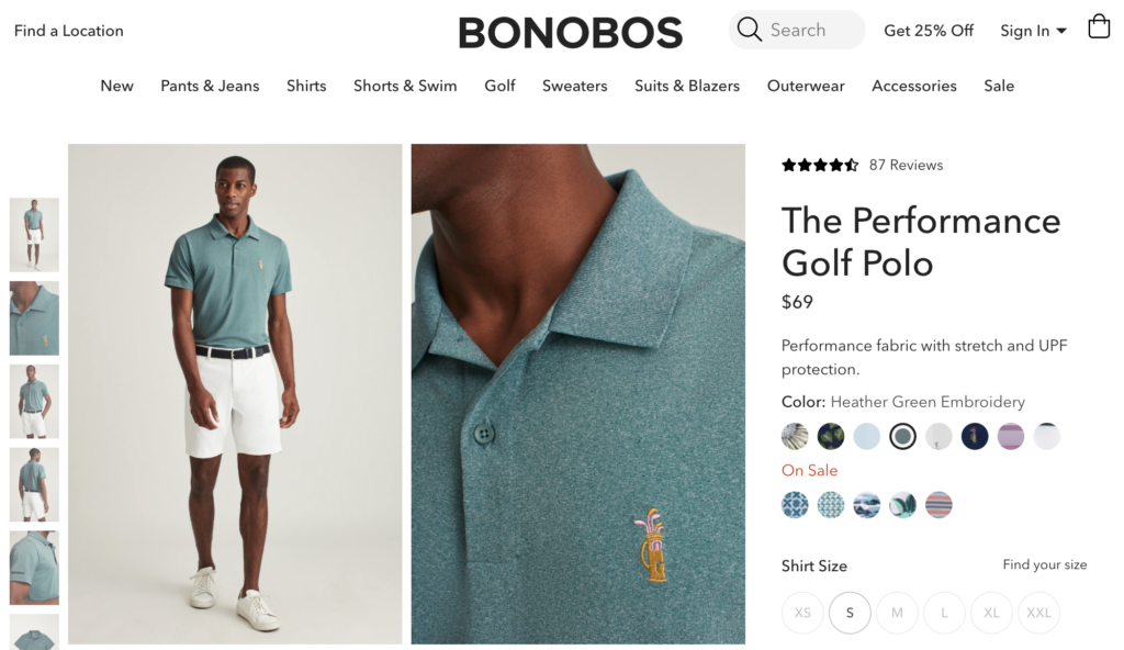 Bonobolar, bu polo tişörtün h1 metninde kullanım örneği olarak golfü içeriyor