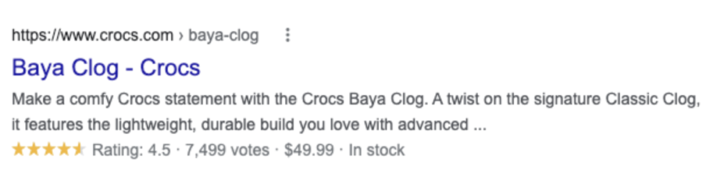 Crocs, arama sonuçlarında yıldız derecelendirmelerini görüntülemek için Google inceleme şemasını kullanıyor