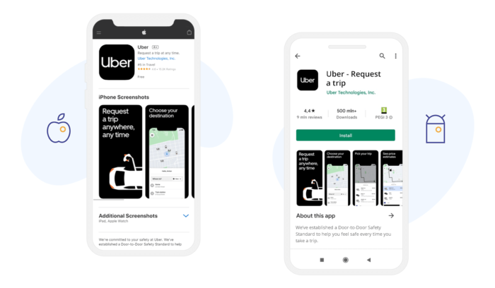 Diferentes páginas de productos en Google Play Store y Apple App Store