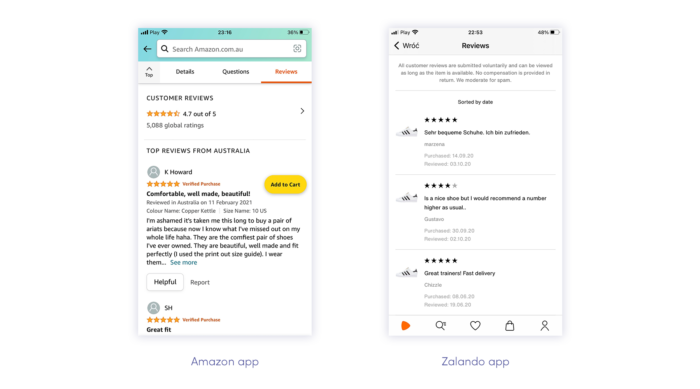 Revisões de produtos no aplicativo Amazon e Zalando