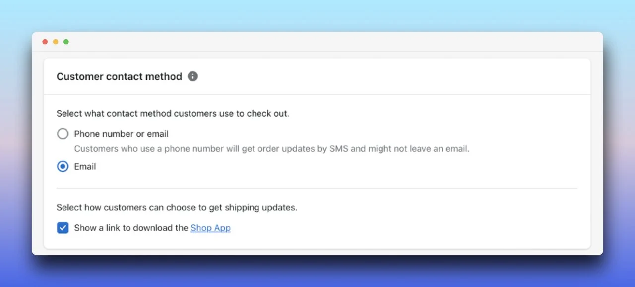 shopify customer contact method panel with phone number or email and email options
