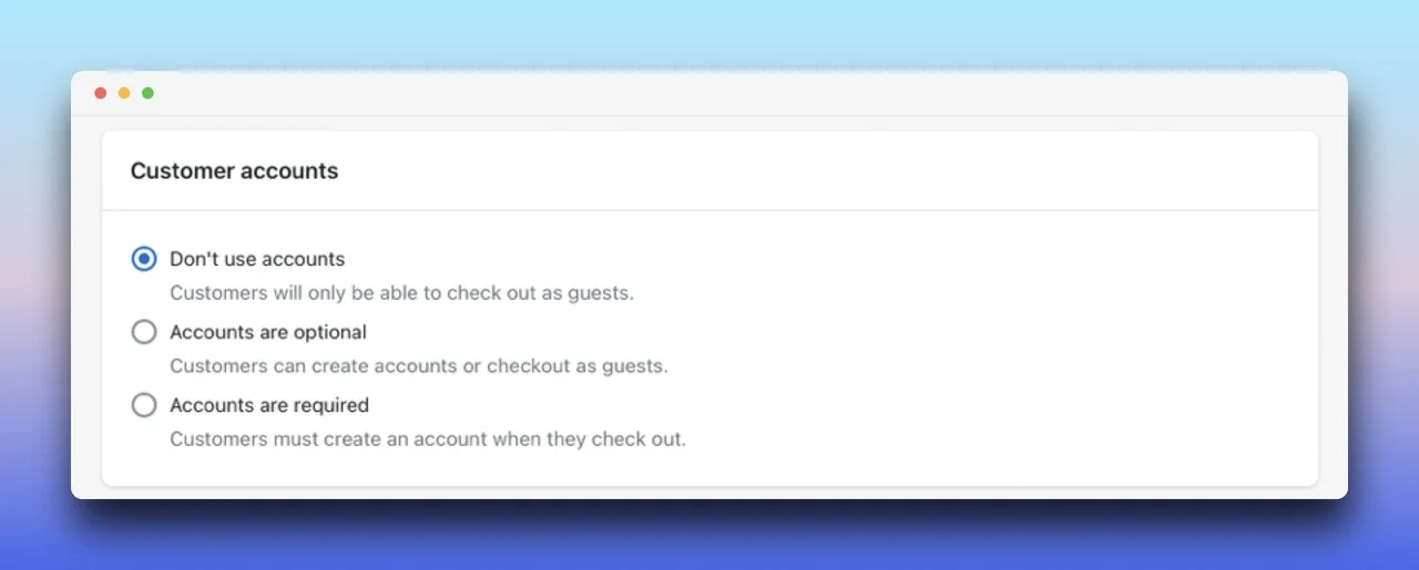 screenshot of Shopify admin panel showing guest checkout option panel offering three options like no account, optional account and compulsory account