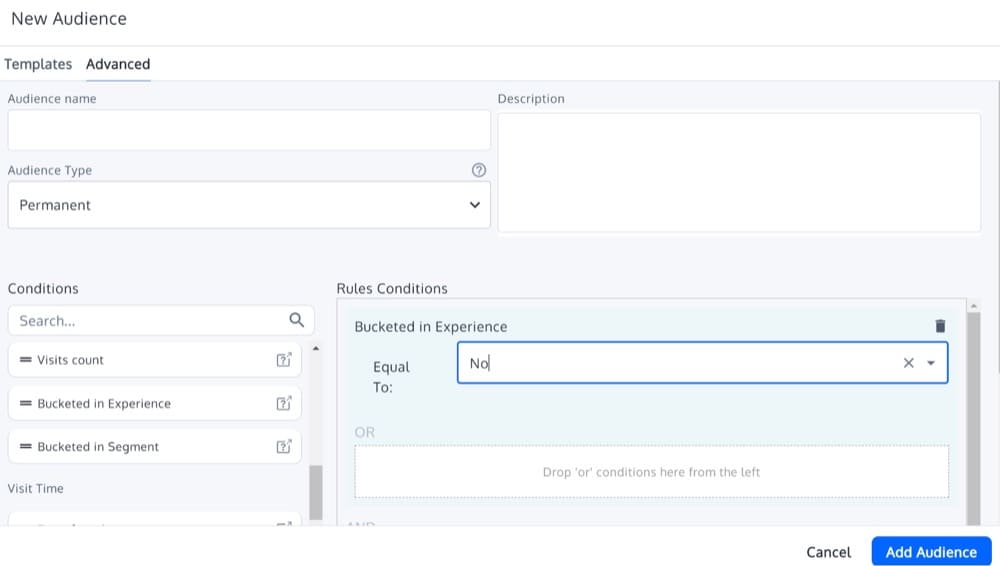 Set Audience Condition of Bucketed in Experience ist gleich „No“