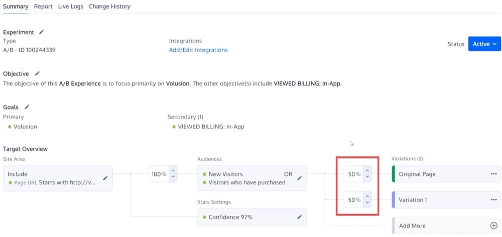 Lorsque vous configurez une expérience A/B, vous attribuez un pourcentage de trafic à chaque variante (par défaut, 50/50)