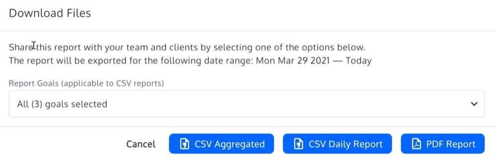 Cliquer sur Partager le rapport ouvrira une fenêtre contextuelle avec les options suivantes pour télécharger les données d'expérience