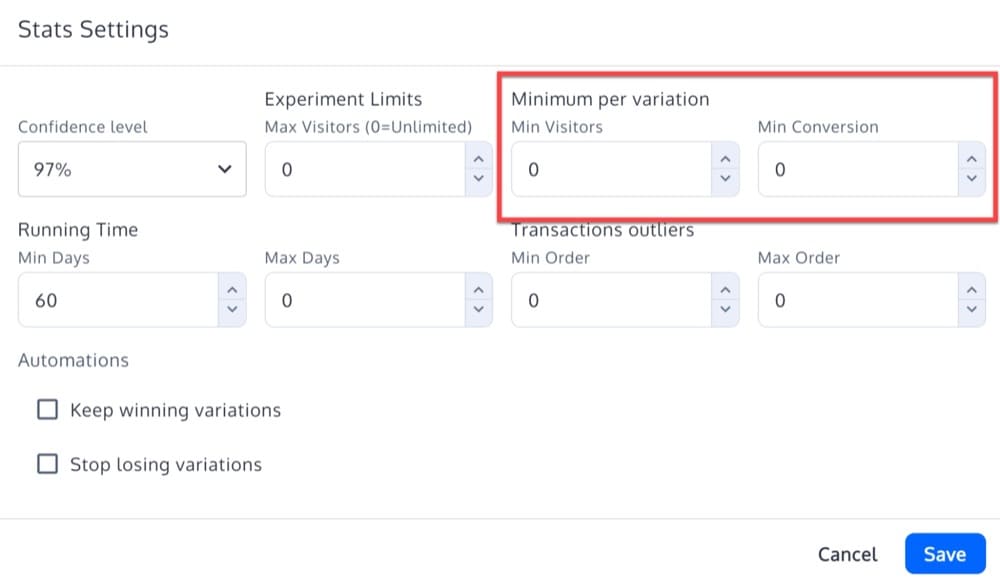 Conjunto mínimo de visitantes y conversiones para calcular la importancia estadística