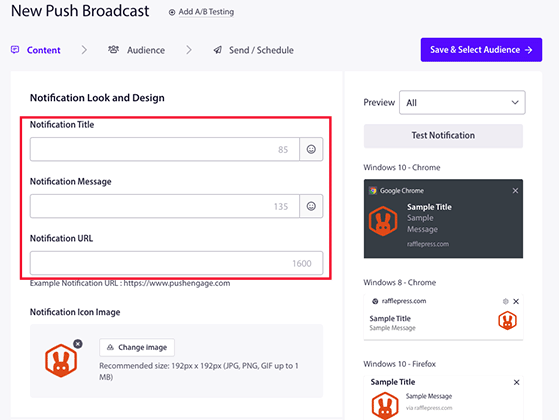 Anında iletme bildirimi başlığınızı, mesajınızı ve URL'nizi ekleyin