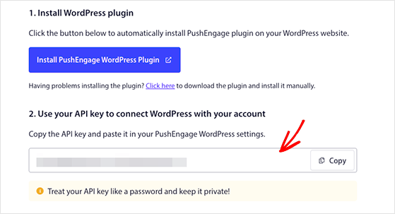 PushEngage API キーをコピーします
