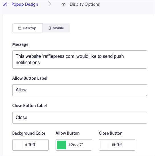 Opciones de personalización modal emergente PushEngage