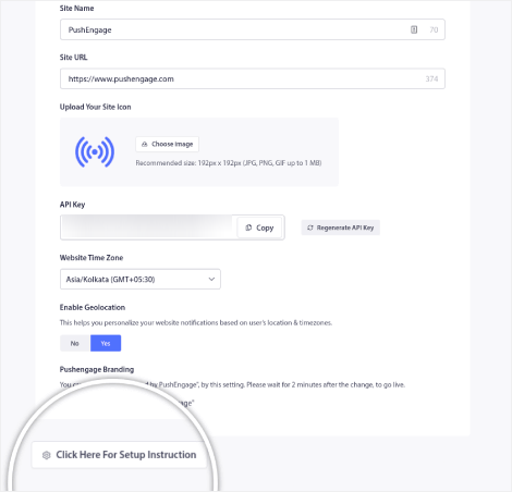 Impostazioni di installazione di PushEnagage