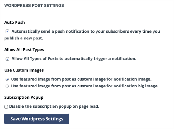 PushEngage Impostazioni dei post di WordPress