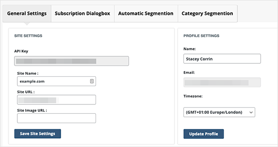 Impostazioni di PushEngage WordPress