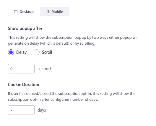 Opciones de visualización modal emergente de PushEngage