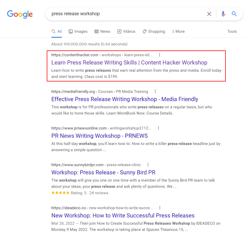 taller de comunicados de prensa de google serp