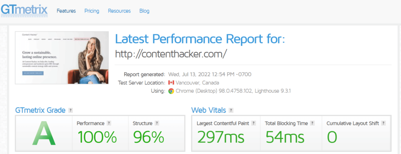 informe de rendimiento y velocidad del sitio de gtmetrics