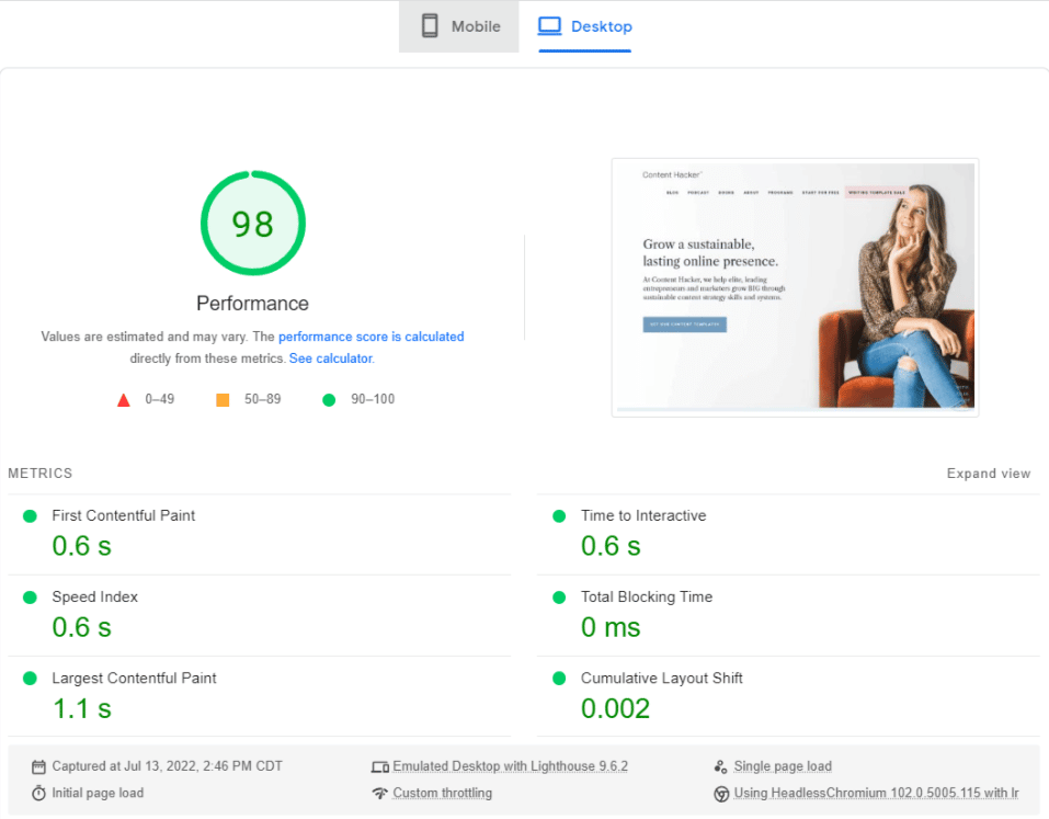 informe de información sobre la velocidad de la página de google