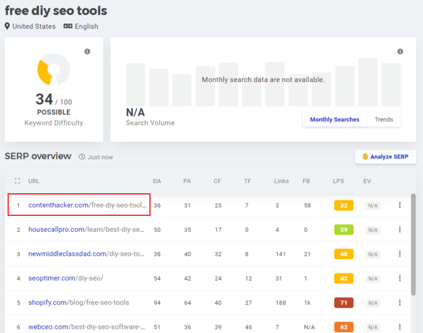 descripción general de serp para herramientas diy seo gratuitas