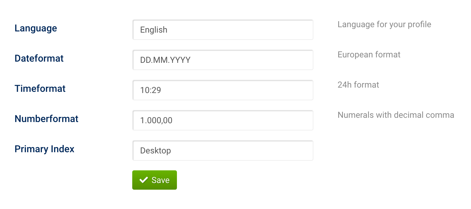 Configurações de Conta na Caixa de Ferramentas SISTRIX com menus suspensos para idiomas, formatos de data-hora e números, bem como o índice principal, onde você pode alternar a visualização padrão de tabelas e gráficos entre dados móveis e desktop.